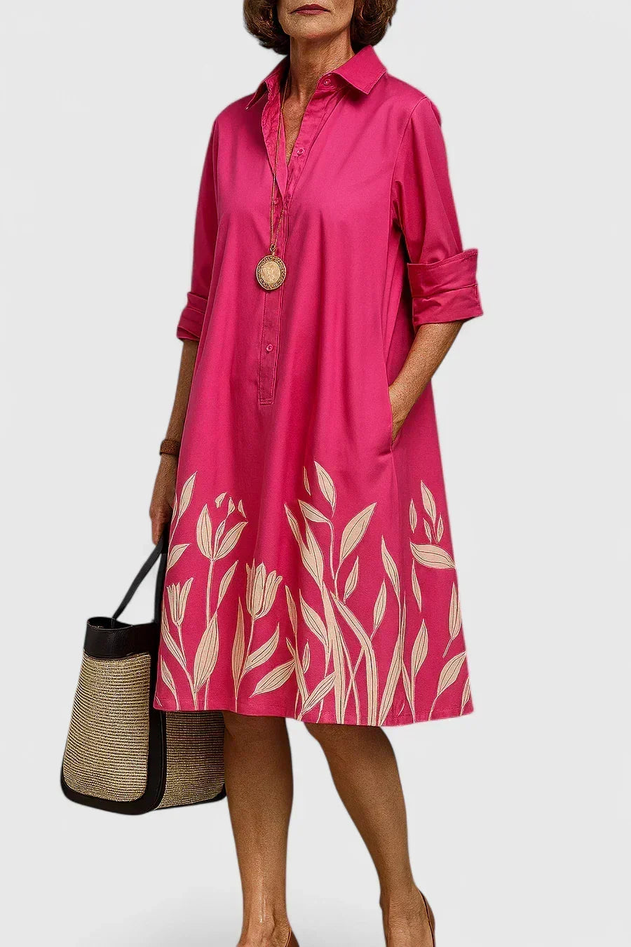 Collared Long Sleeve Floral Border Print A-Line Shirt Midi Dress