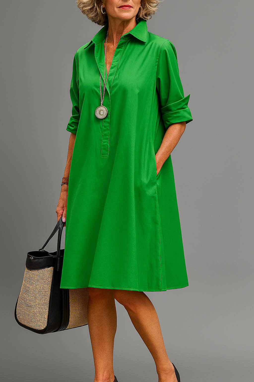 Collared Roll Tab Sleeve Button Placket A-Line Shirt Dress