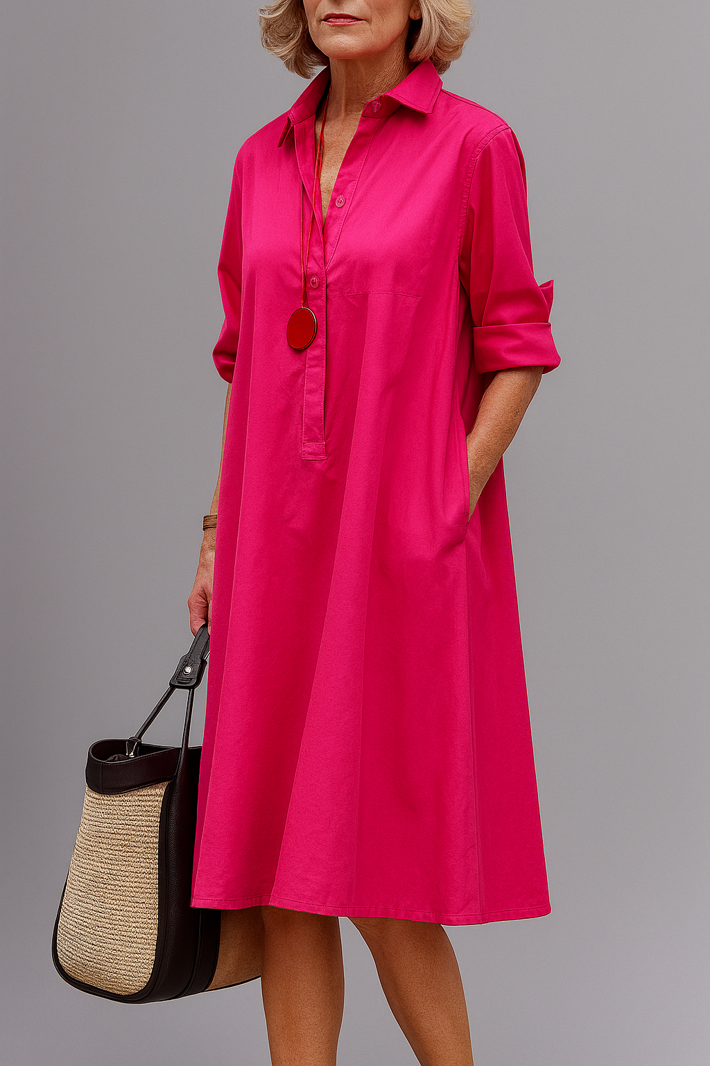 Collared Roll Sleeve Popover Placket A-Line Shirt Dress