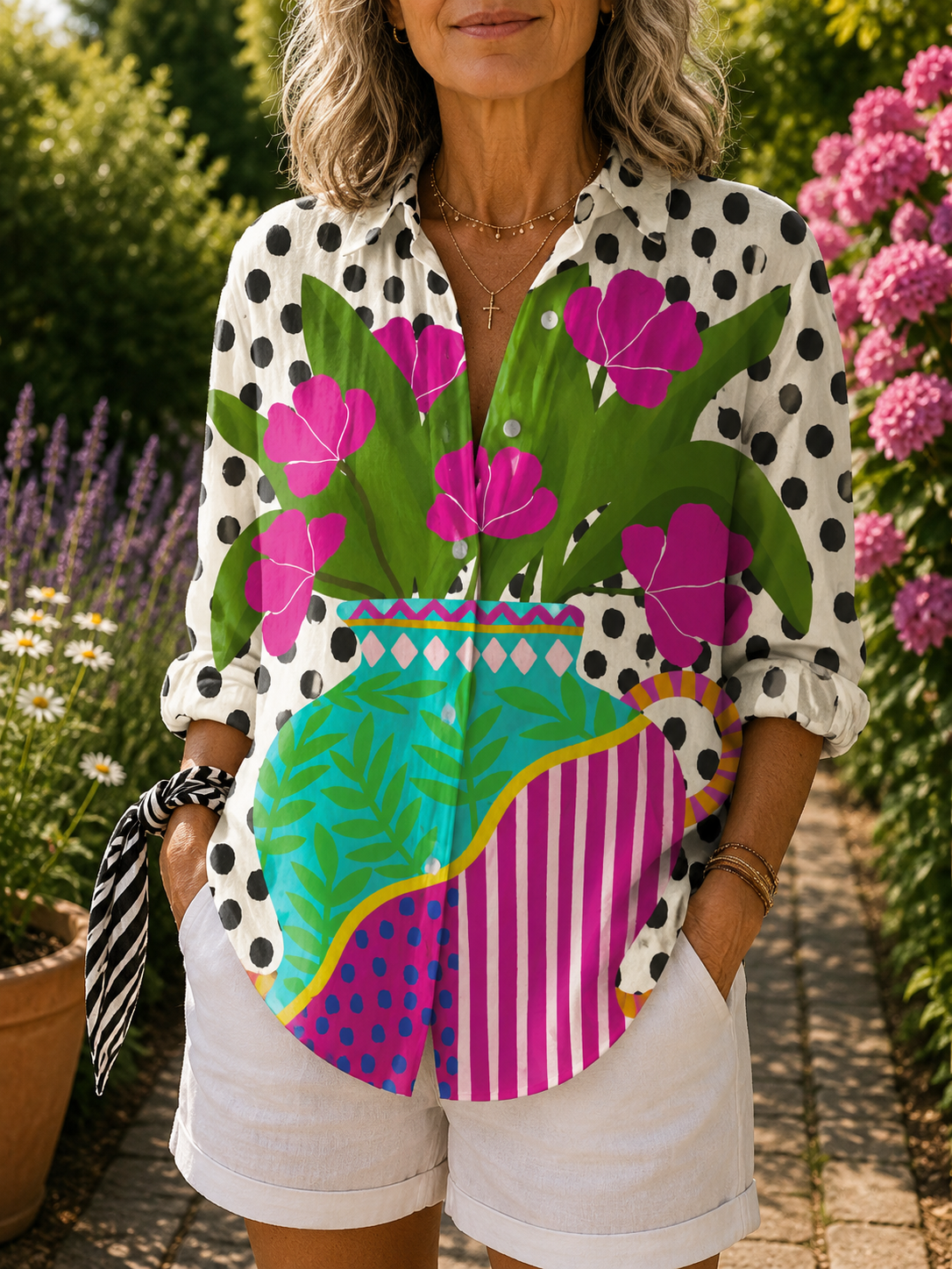 Polka Dot Floral Vase Print Long Sleeve Button Up Shirt