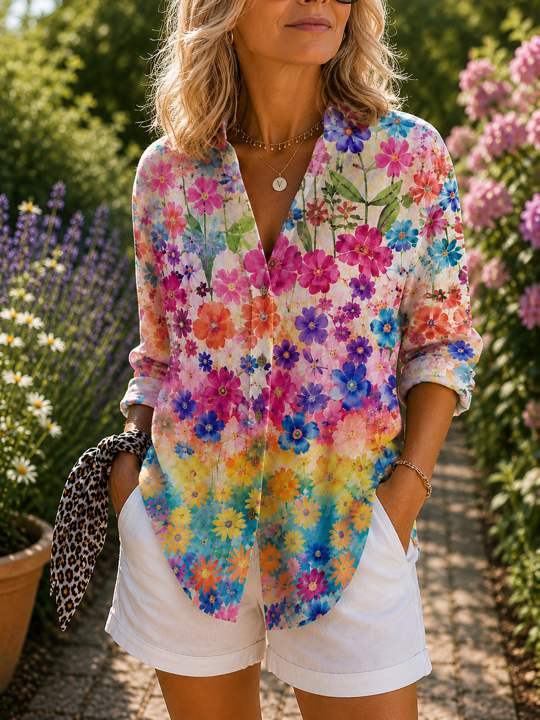 Floral Print Long Sleeve Button Front Blouse