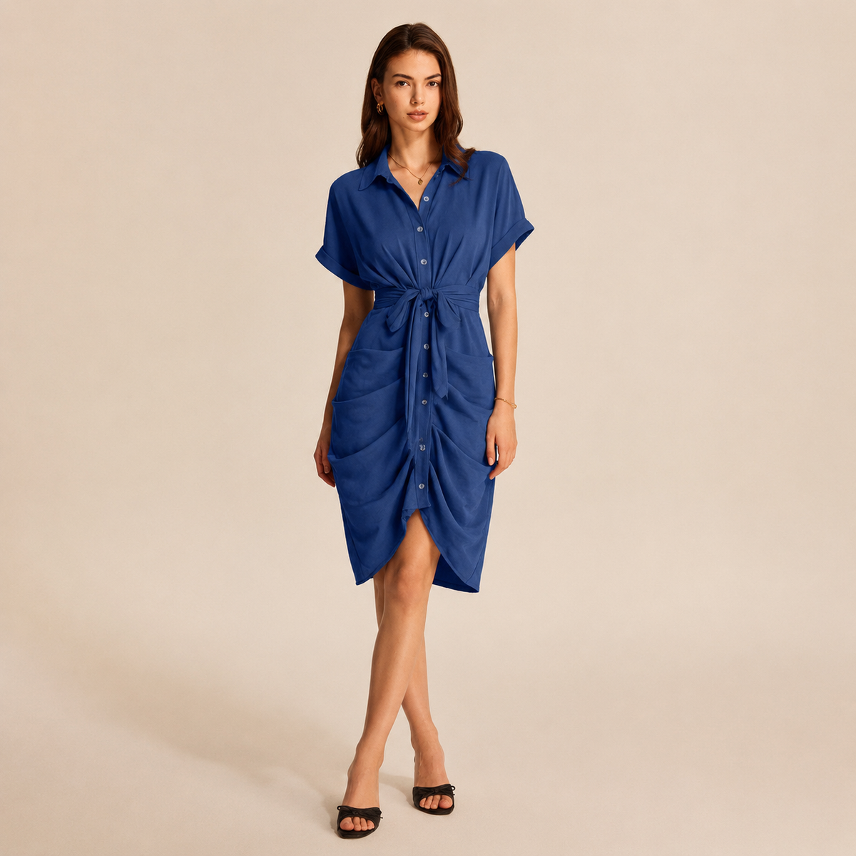 Collared Short Sleeve Tie Front Ruched Shirt Dress 7