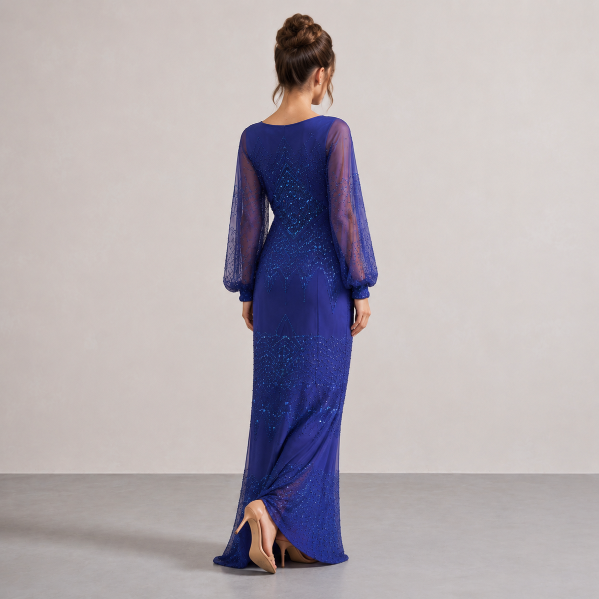 Sequin V-Neck Balloon Sleeve High Split Maxi Gown 9