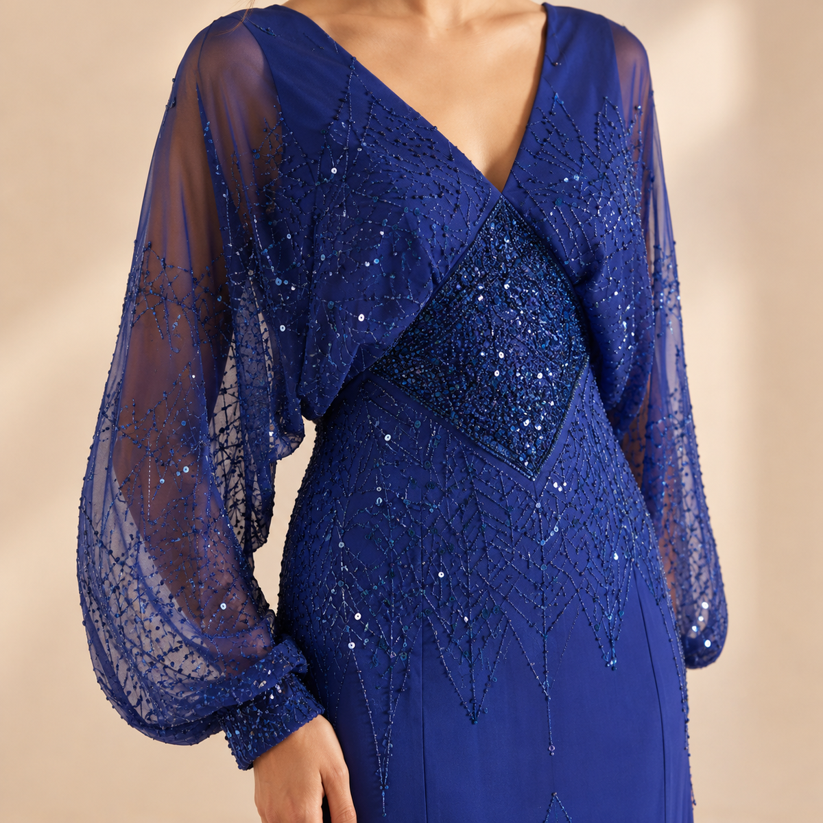 Sequin V-Neck Balloon Sleeve High Split Maxi Gown 8