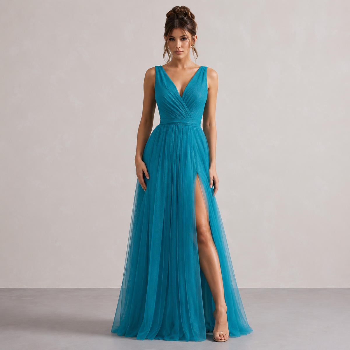 V-Neck Sleeveless Glitter High Split A-Line Maxi Gown 13