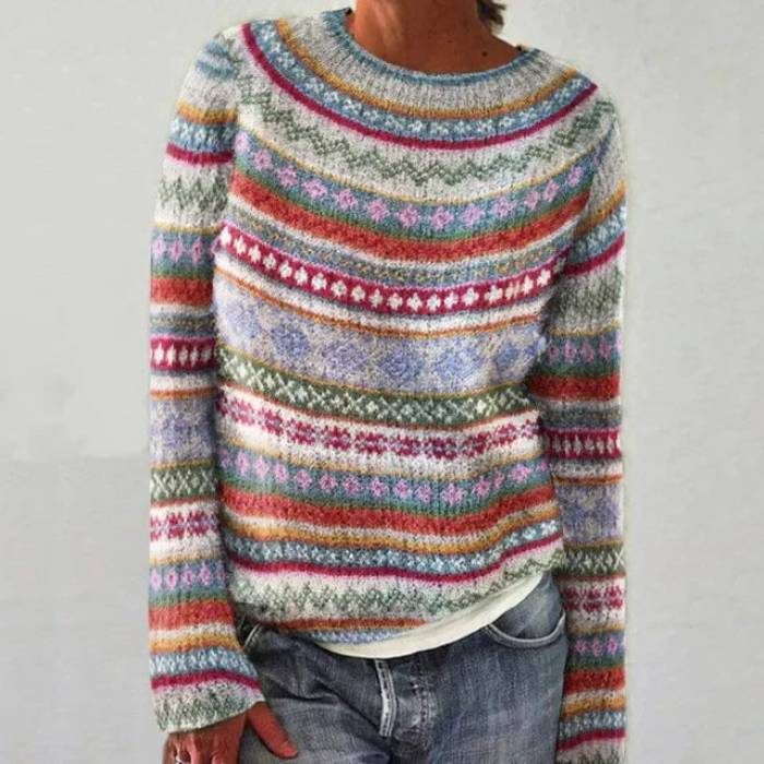 Fair Isle Crew Neck Long Sleeve Knit Sweater