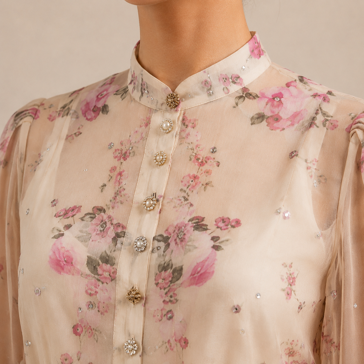 Floral High Neck Long Sleeve Belted Sheer Mini Dress 17