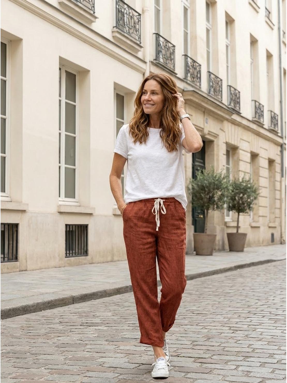 Linen Look Drawstring Waist Tapered Pants 17
