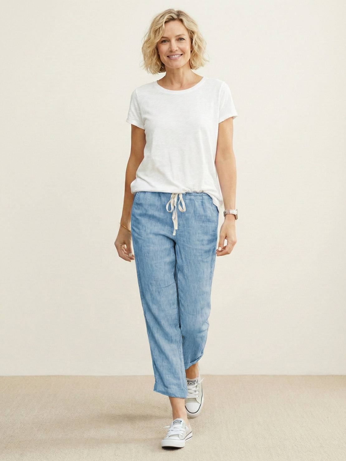 Linen Look Drawstring Waist Tapered Pants 26