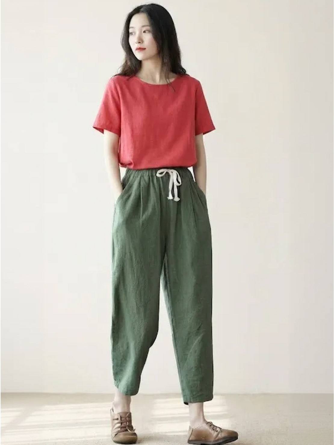 Linen Look Drawstring Waist Tapered Pants 30