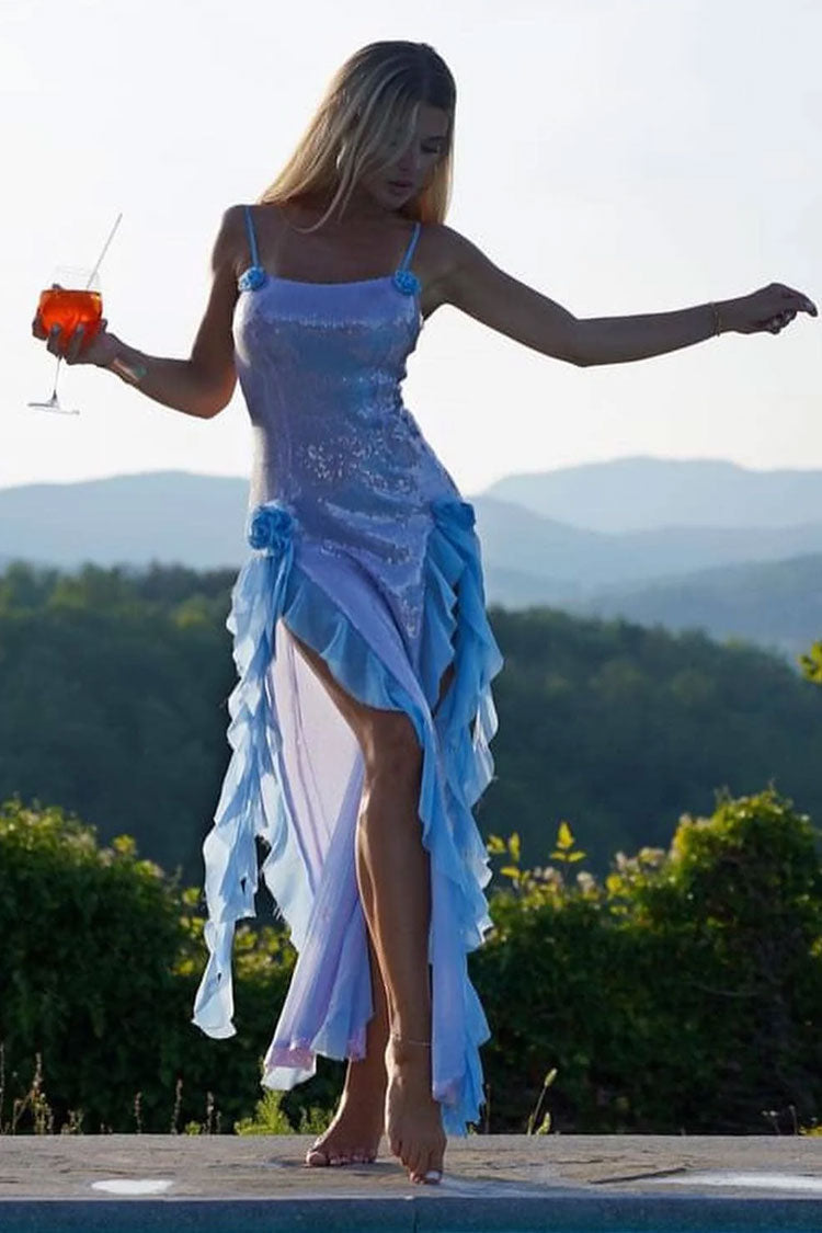 Sequin Cami Ruffle Trim High Split Sheer Maxi Dress - View 4