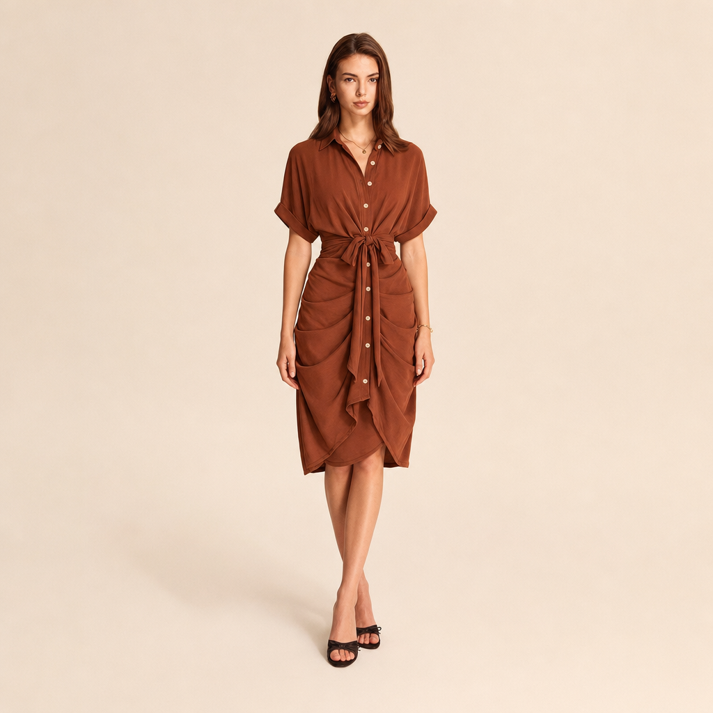 Collared Short Sleeve Tie Front Ruched Shirt Dress