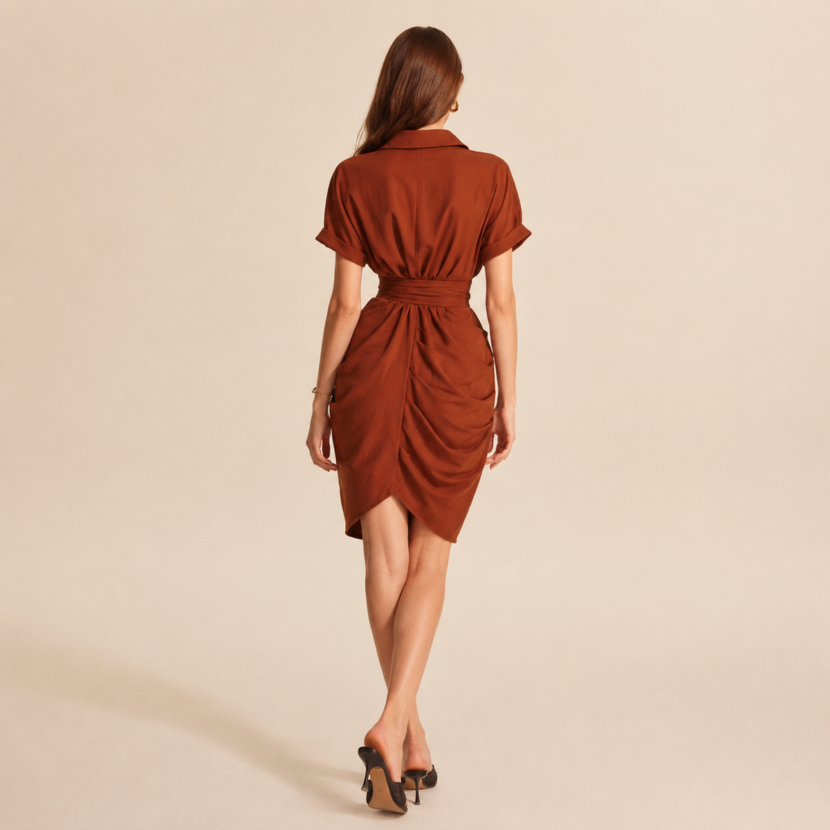 Collared Short Sleeve Tie Front Ruched Shirt Dress 3