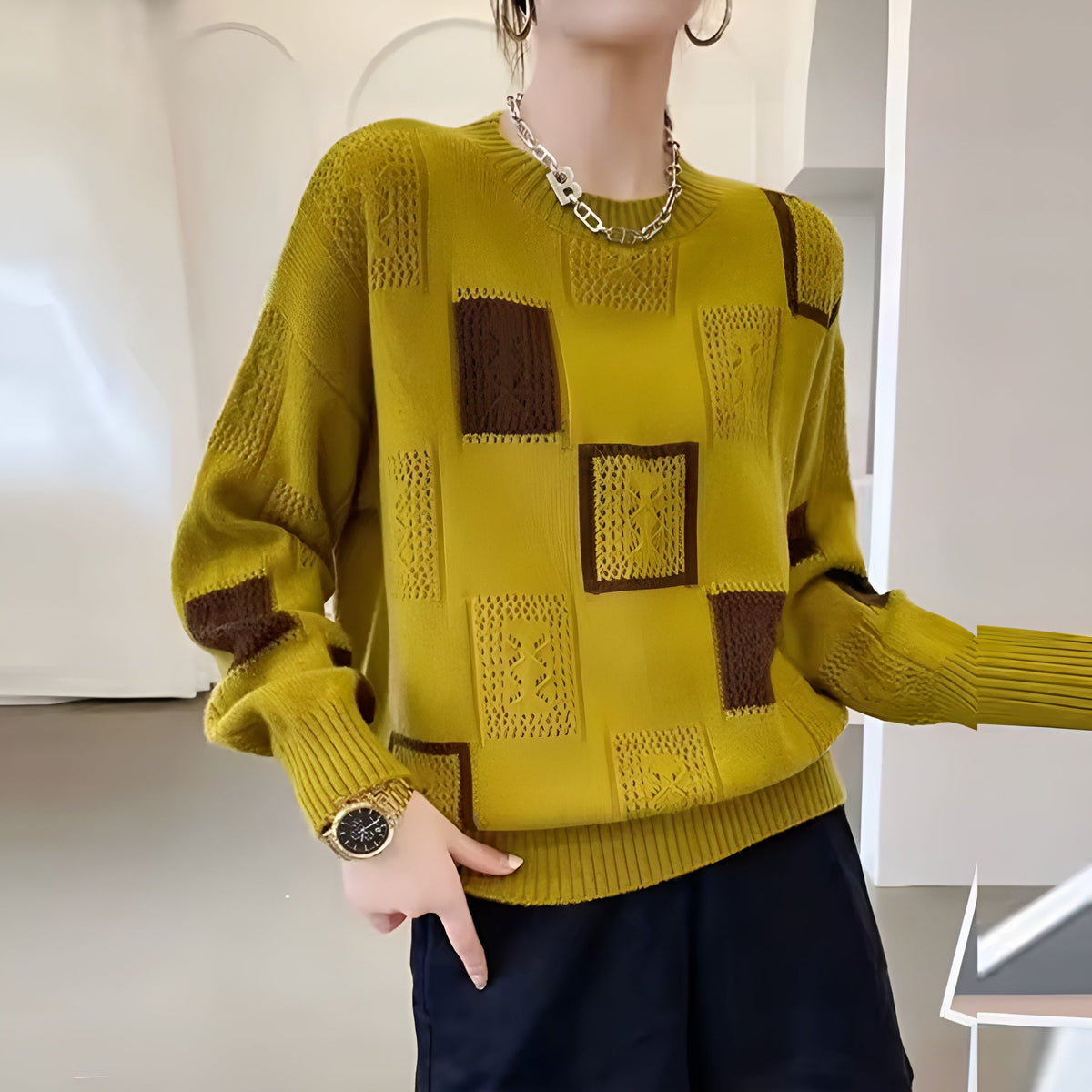 Crew Neck Geometric Patchwork Pointelle Knit Sweater 3