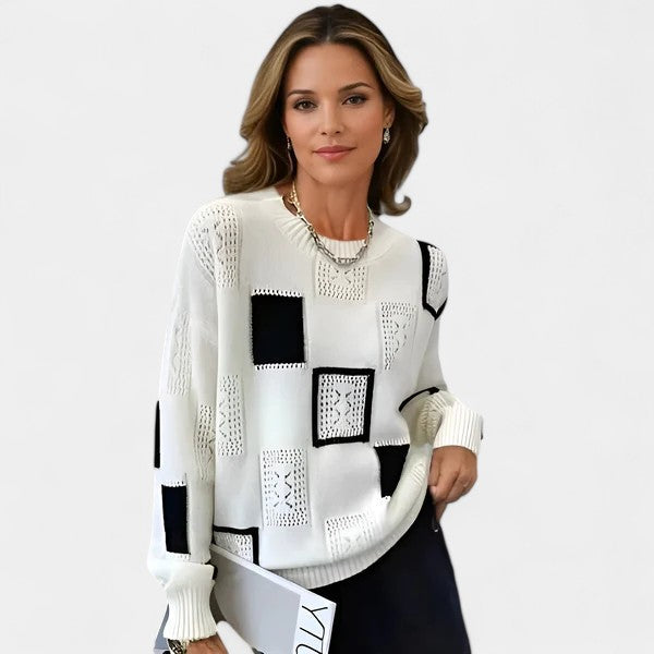 Crew Neck Patchwork Pointelle Knit Sweater 2