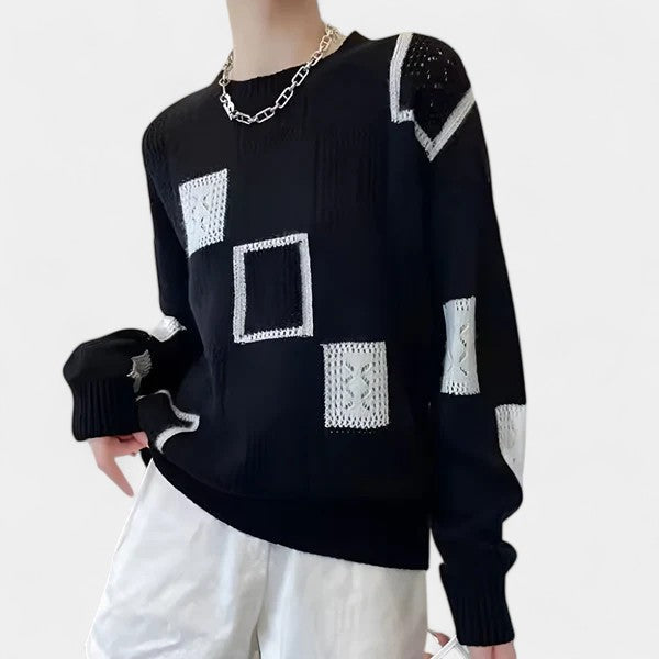 Crew Neck Patchwork Pointelle Knit Sweater 5