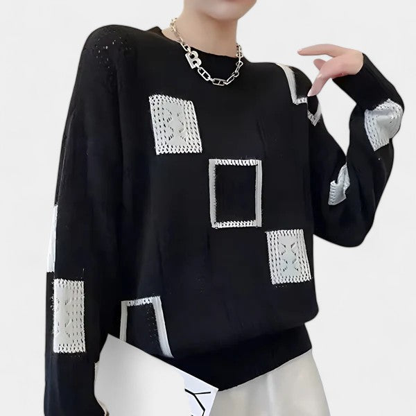 Crew Neck Patchwork Pointelle Knit Sweater 6