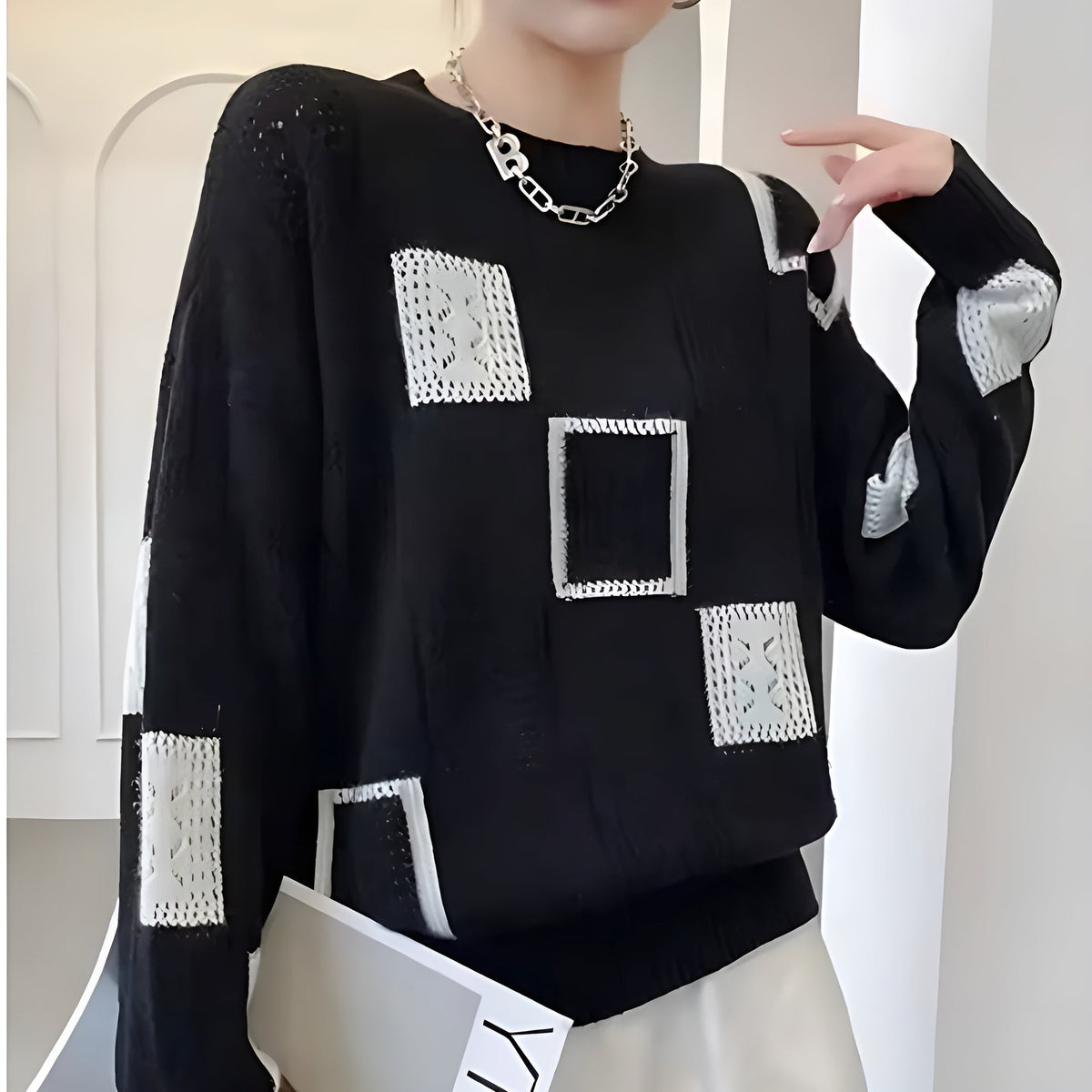 Crew Neck Geometric Patchwork Pointelle Knit Sweater 5