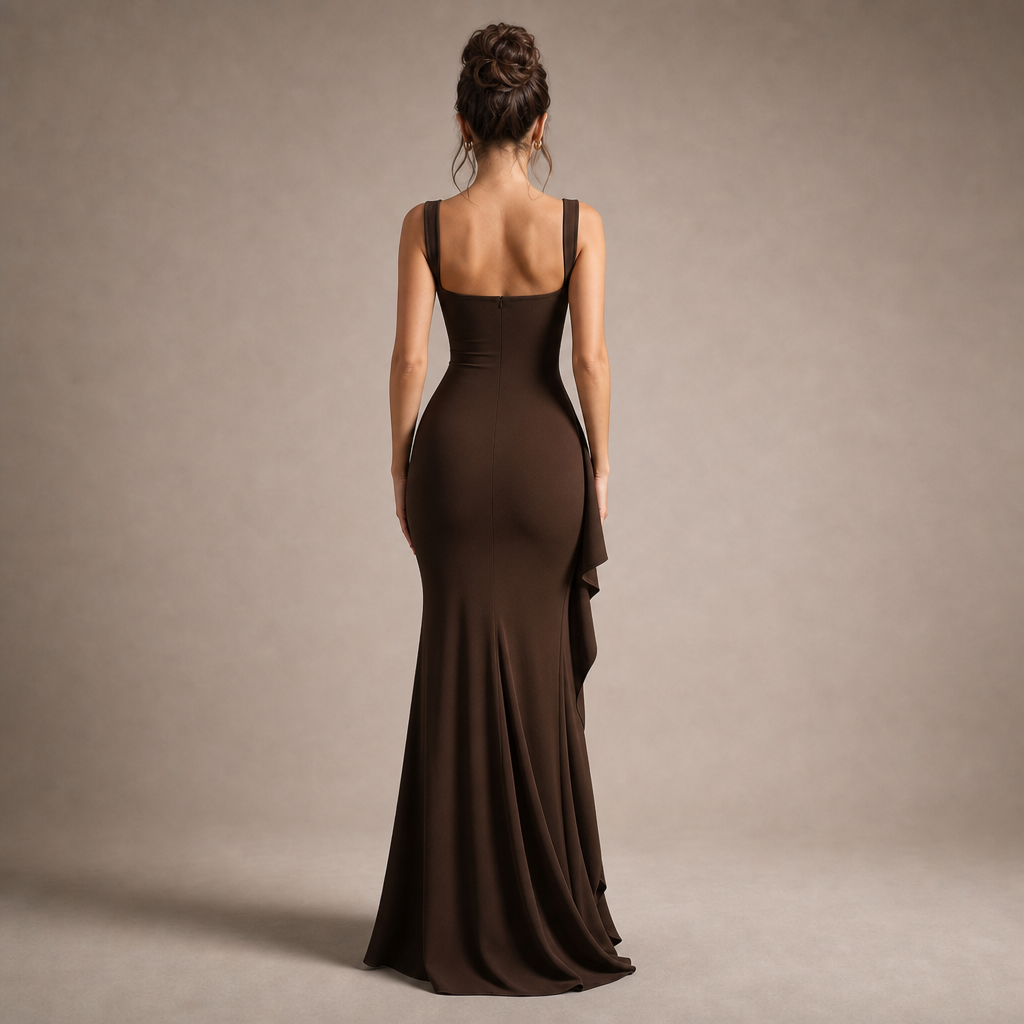 Square Neck Sleeveless Ruched High Split Fishtail Maxi Gown 9