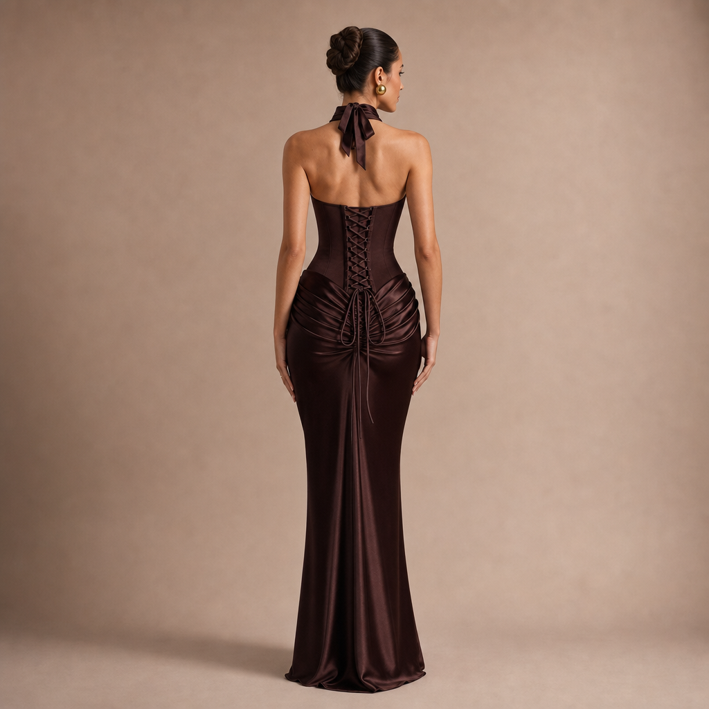 Halter Choker Strapless Corset Ruched Satin Fishtail Maxi Gown 15
