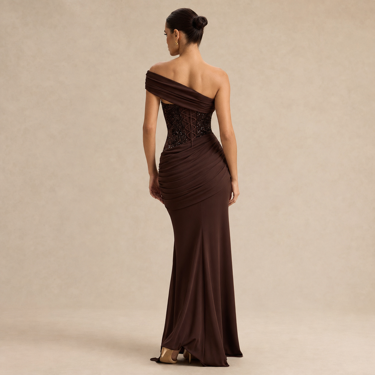 One Shoulder Sequin Corset Ruched Fishtail Maxi Gown 3