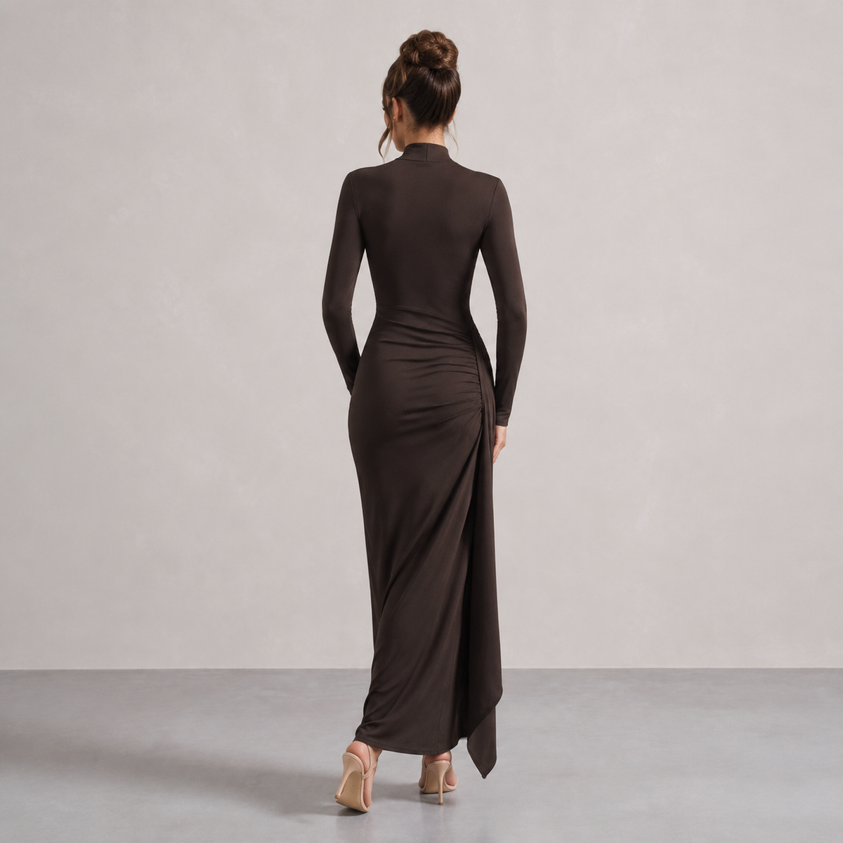 High Neck Long Sleeve Ruched Draped Bodycon Maxi Dress 3
