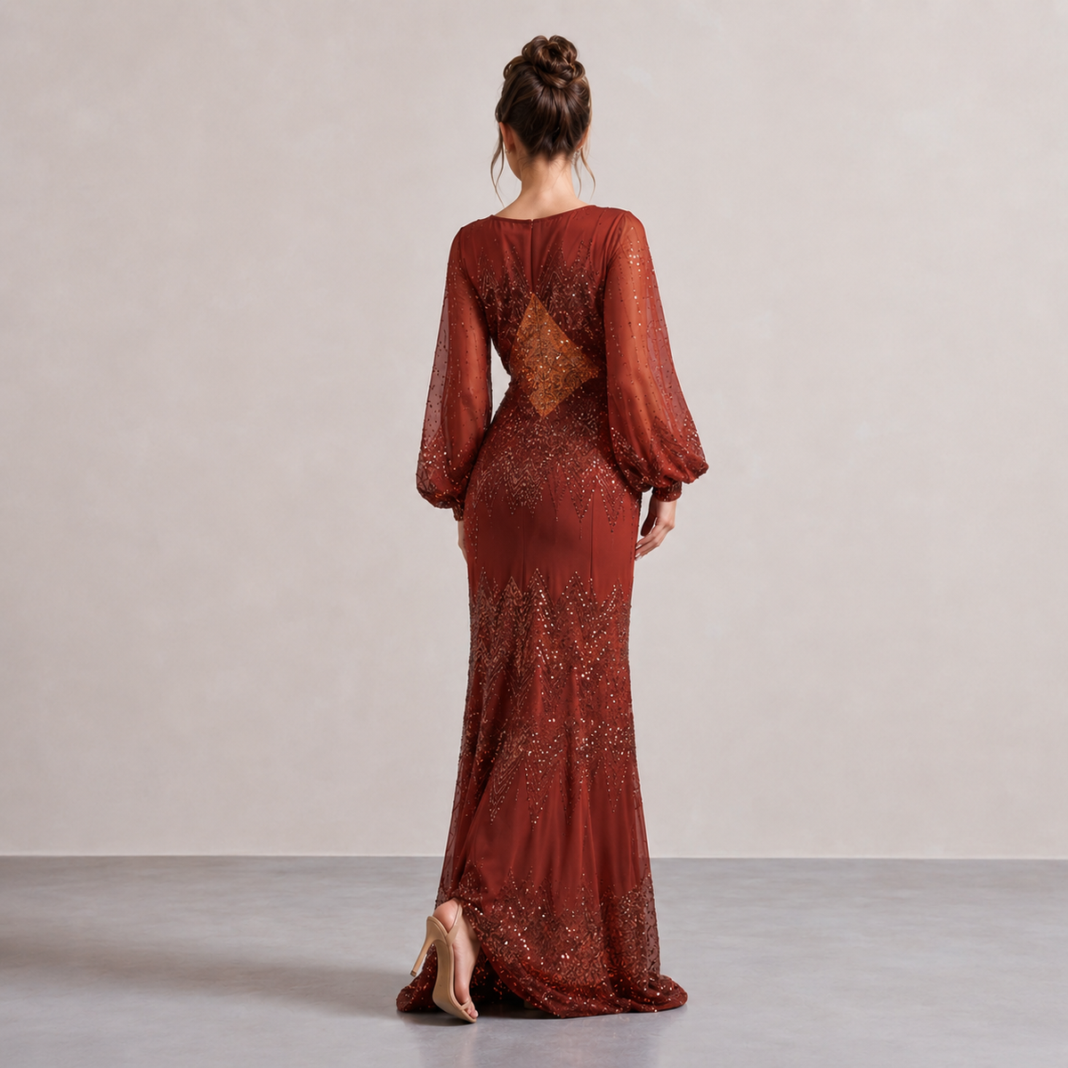 Sequin V-Neck Balloon Sleeve High Split Maxi Gown 12