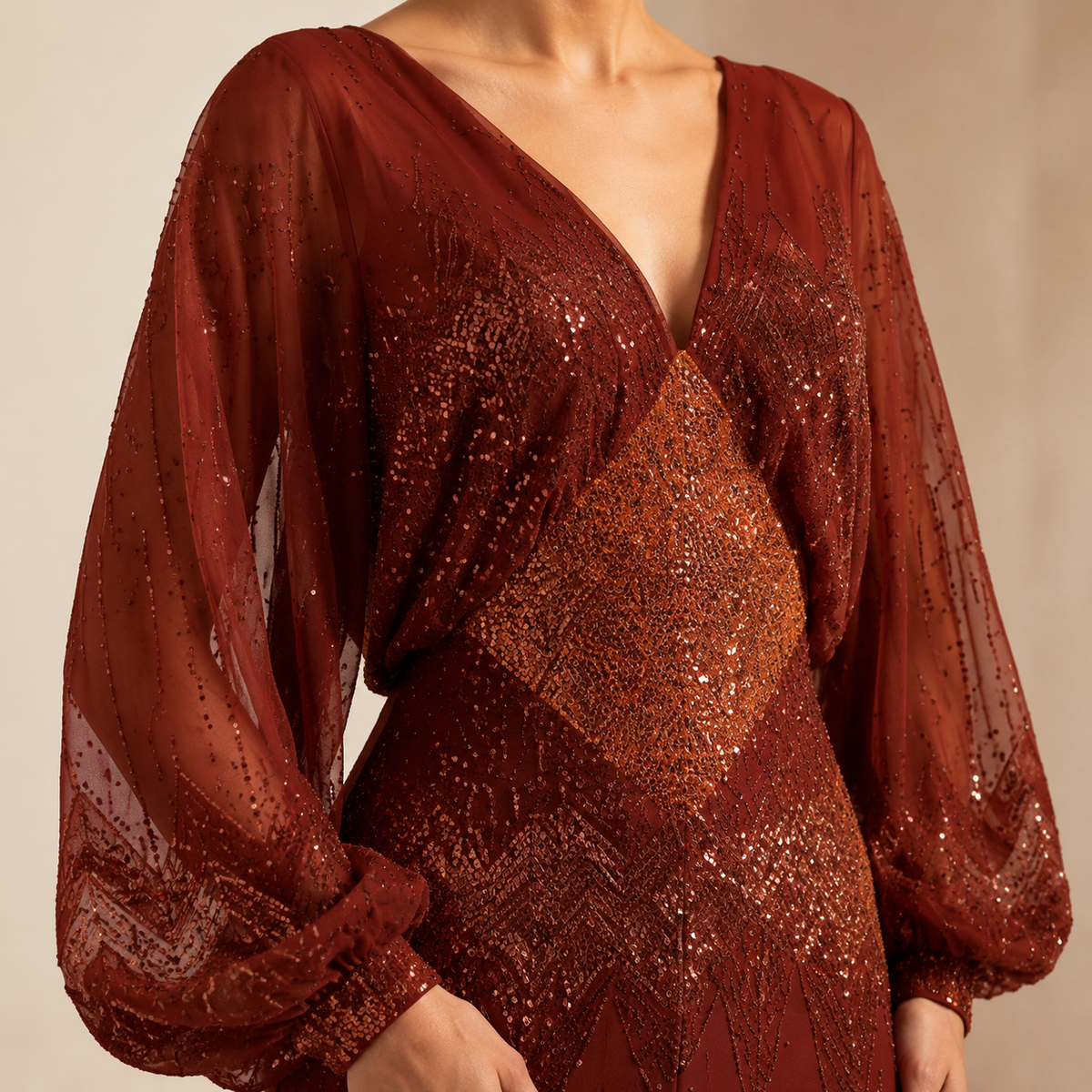 Sequin V-Neck Balloon Sleeve High Split Maxi Gown 11
