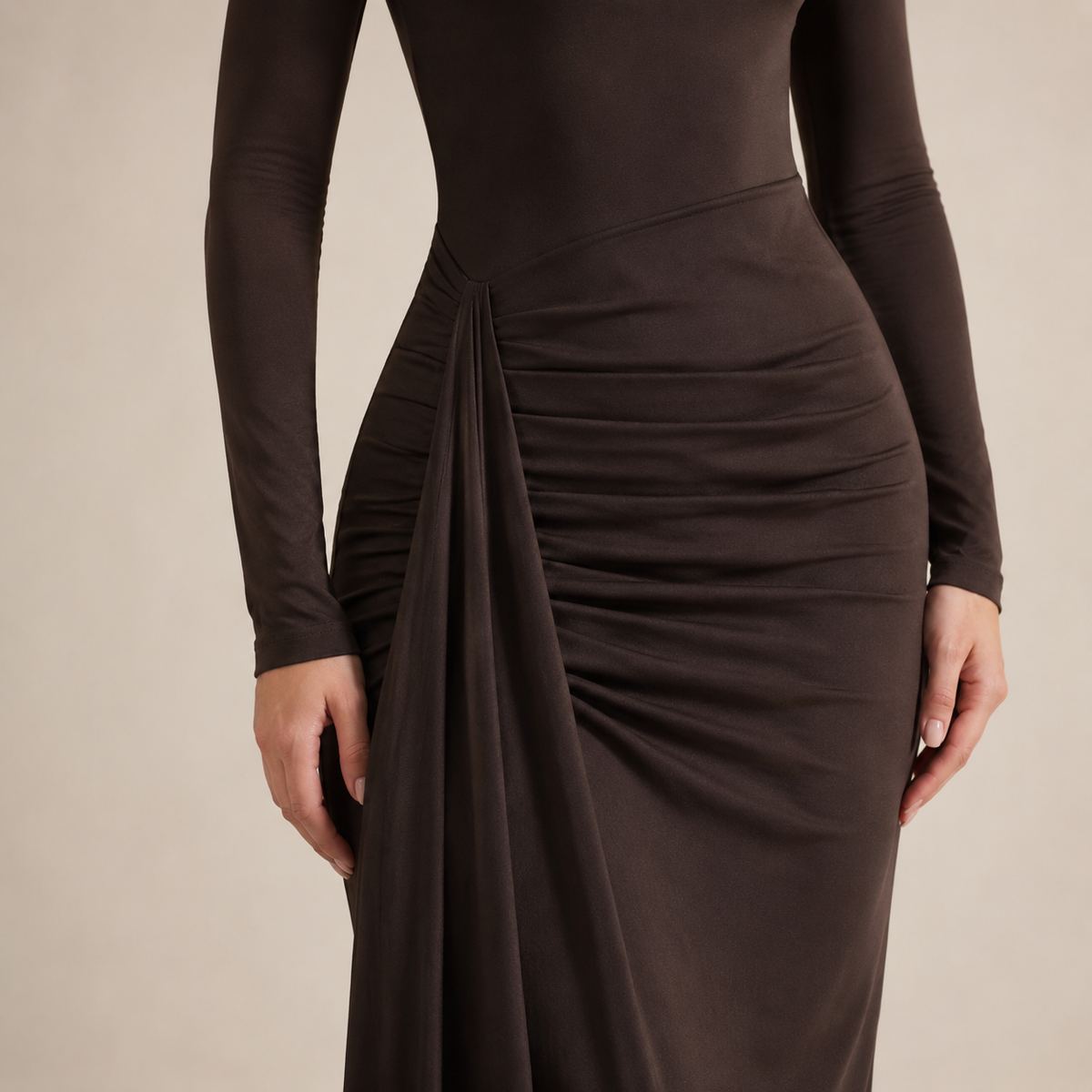 High Neck Long Sleeve Ruched Draped Bodycon Maxi Dress 2