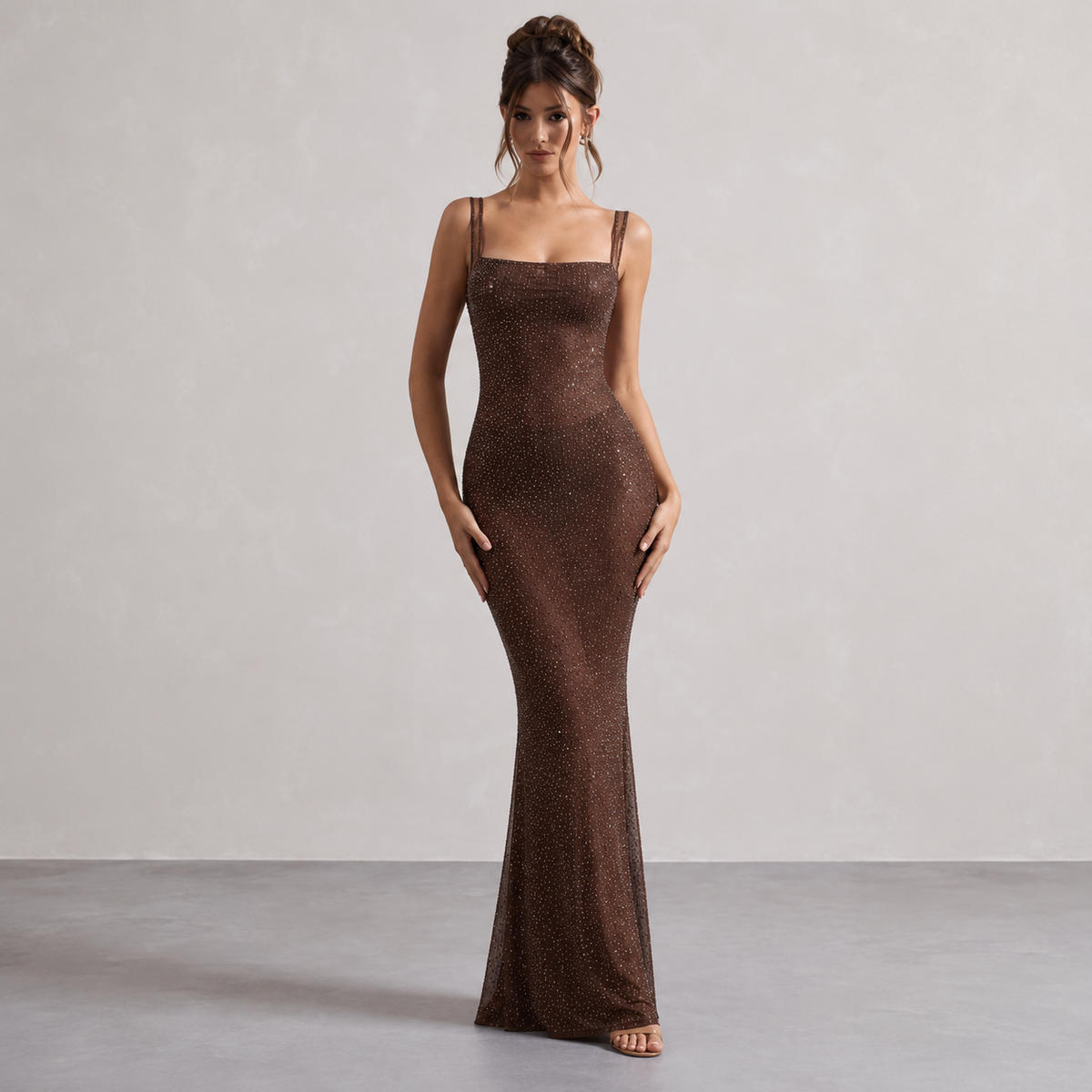 Square Neck Glitter Fishtail Bodycon Maxi Dress 7