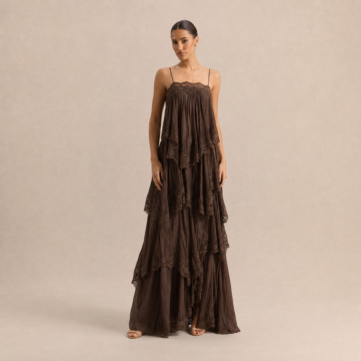 Strappy Lace Trim Tiered Flowy Maxi Dress 4
