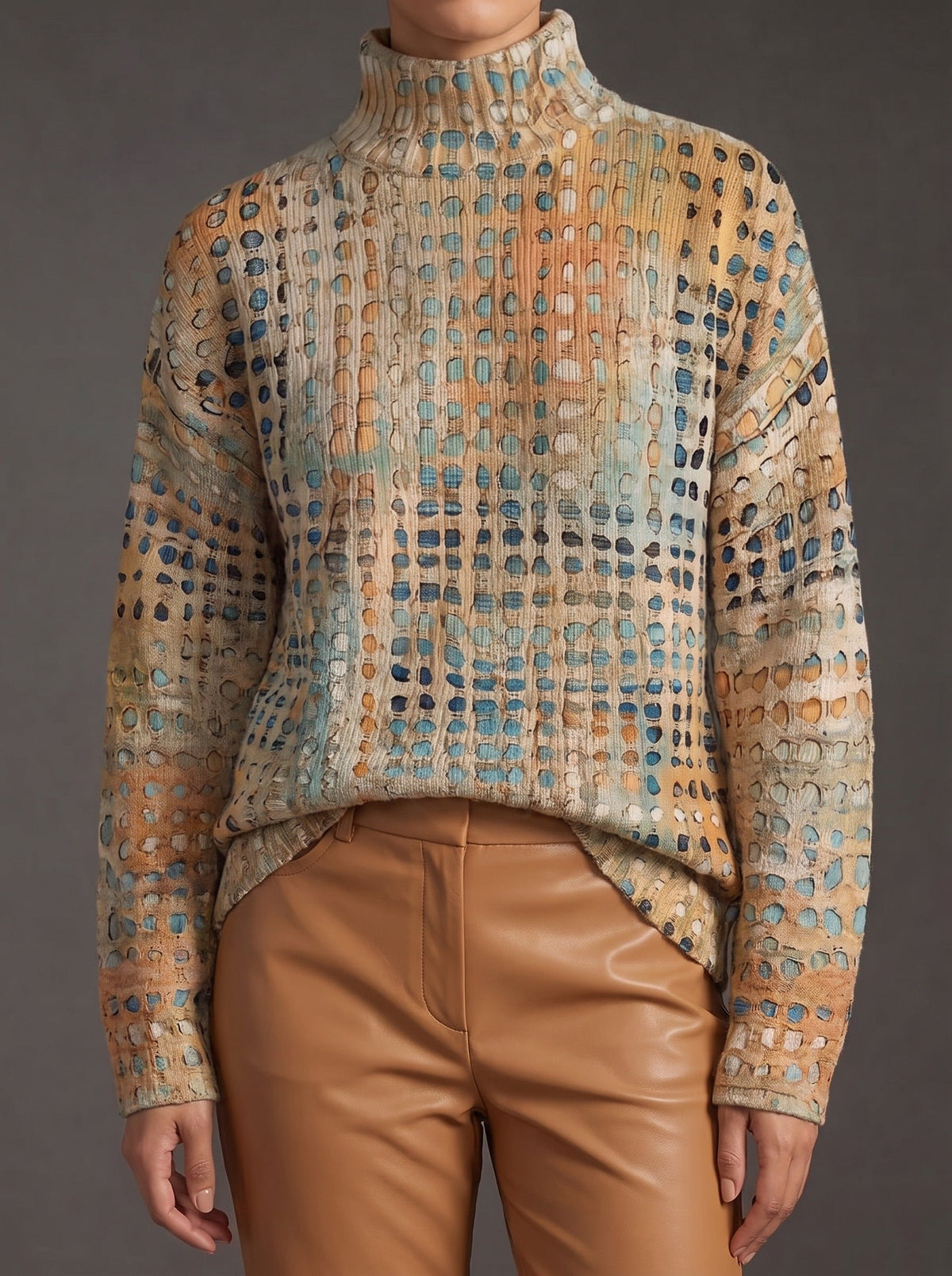 Abstract Print Turtleneck Long Sleeve Textured Knit Sweater