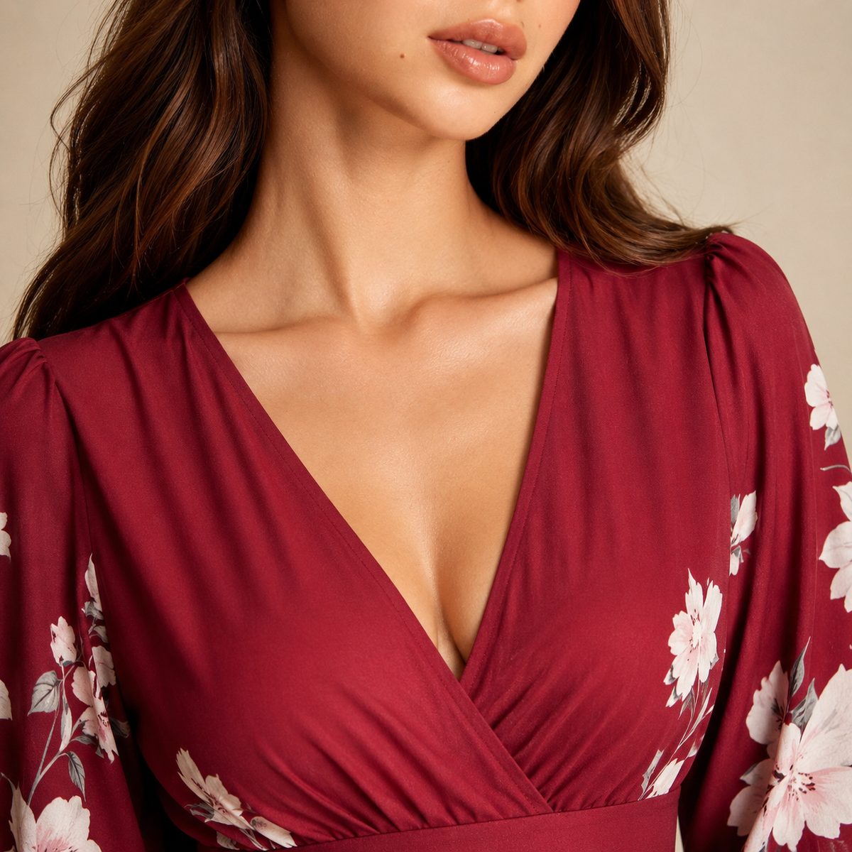 Floral V-Neck Long Sleeve Pleated Chiffon Maxi Dress 26