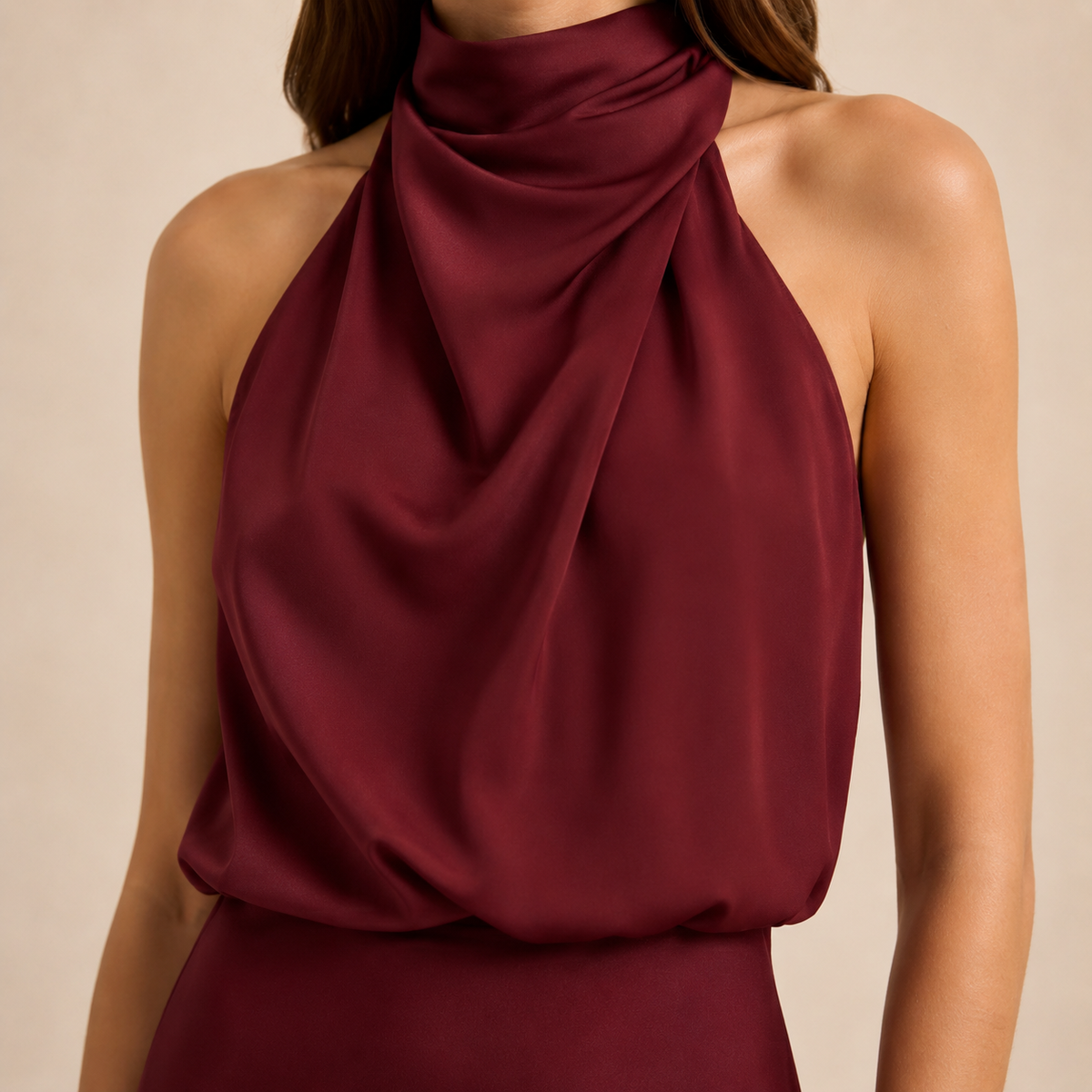 Satin Cowl Halter Neck Bias Cut Maxi Dress 10