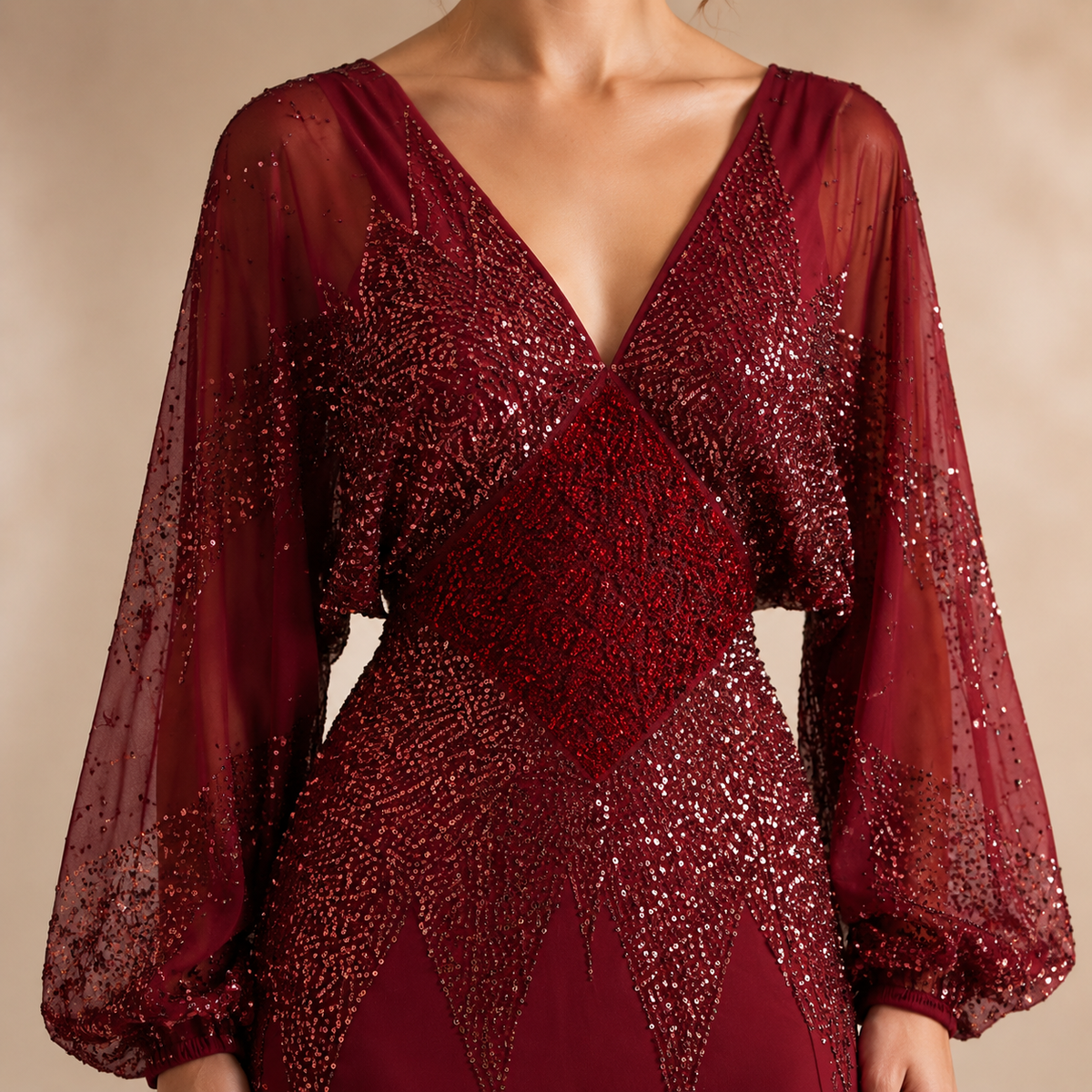 Sequin V-Neck Balloon Sleeve High Split Maxi Gown 5