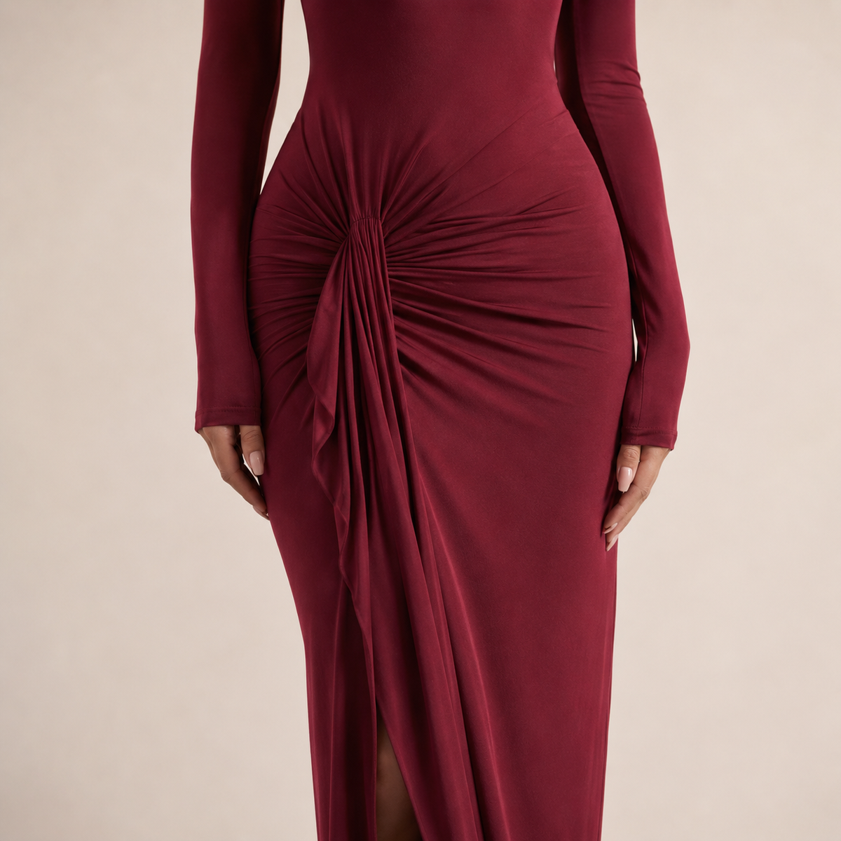 High Neck Long Sleeve Ruched Draped Bodycon Maxi Dress 8