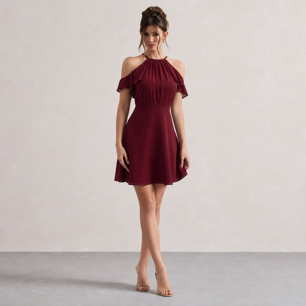 Halter Neck Cold Shoulder Ruffle A-Line Mini Dress 7