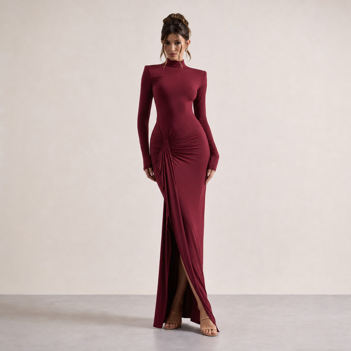 High Neck Long Sleeve Ruched Draped Bodycon Maxi Dress 7