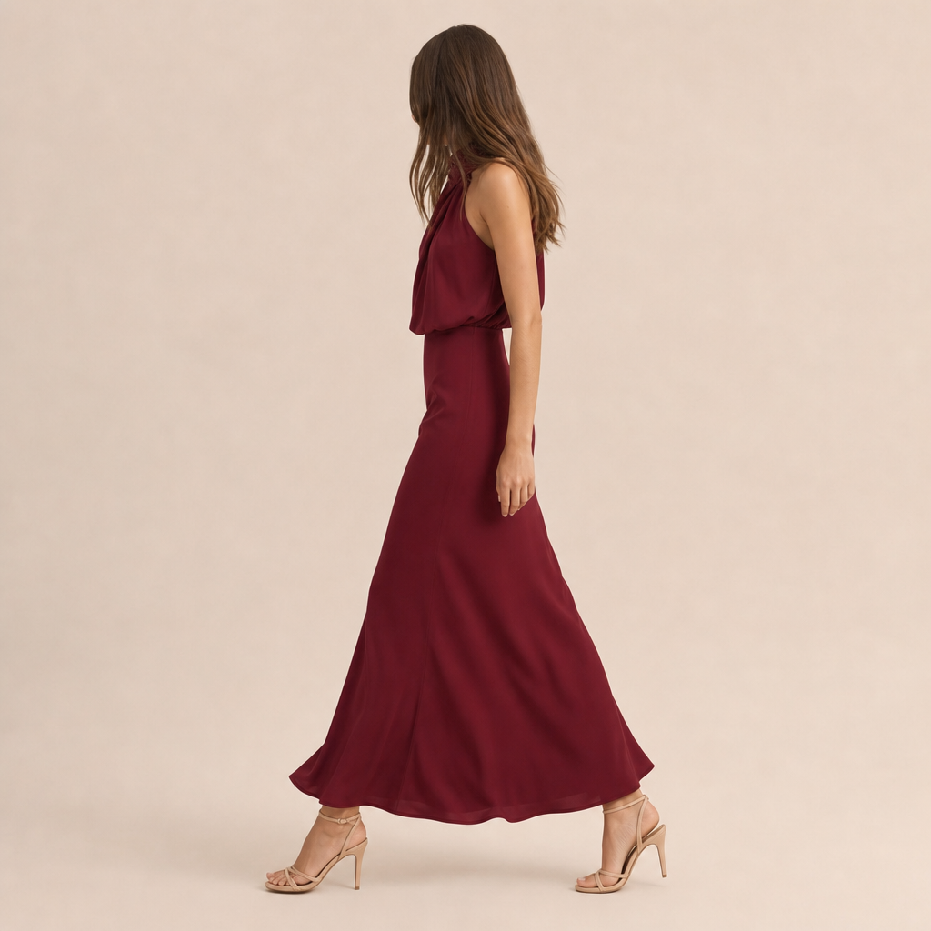 Satin Cowl Halter Neck Bias Cut Maxi Dress 12