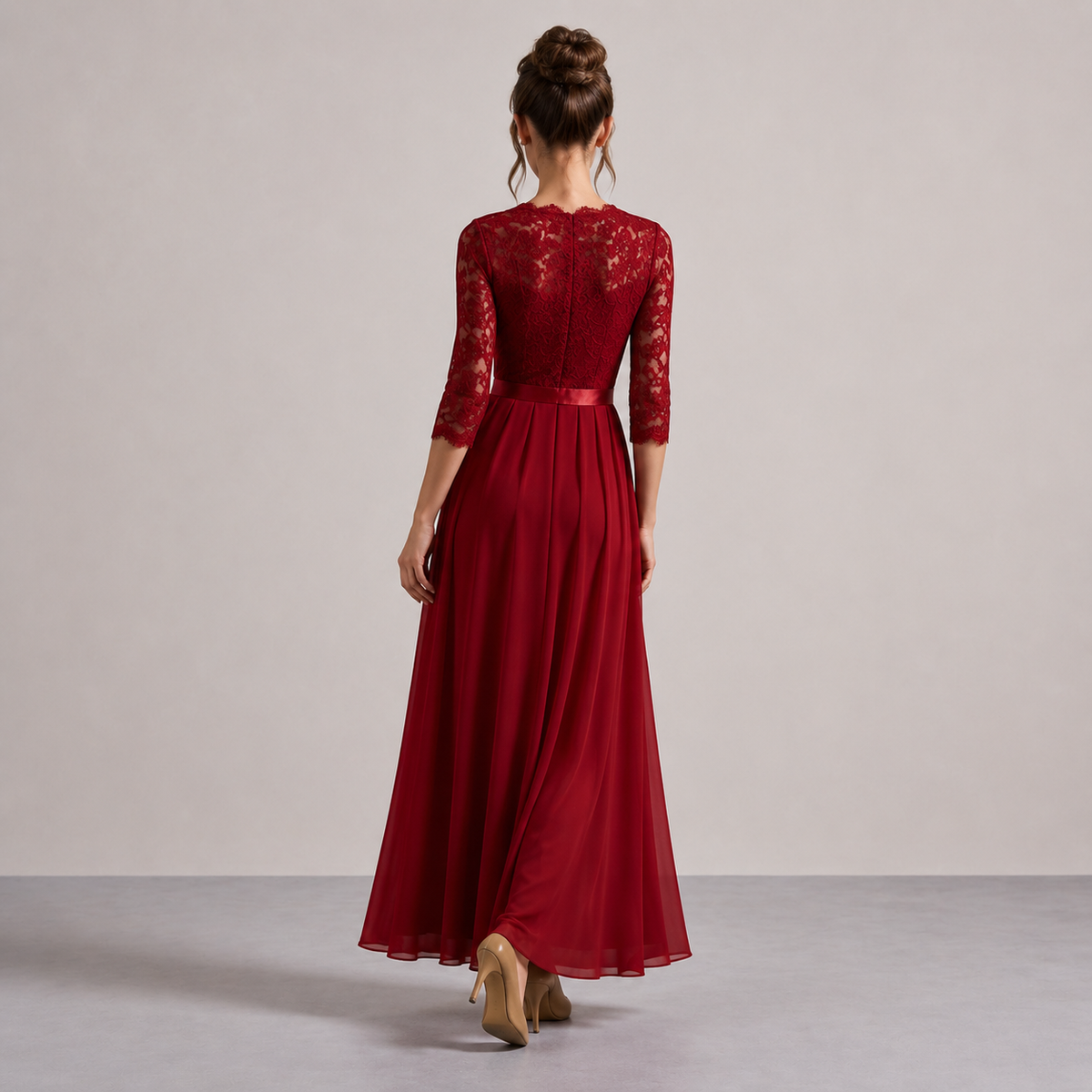 Lace Bodice Long Sleeve Pleated A-Line Maxi Gown 3
