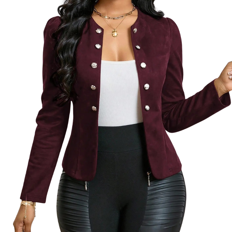Double Breasted Button Puff Shoulder Suede Look Blazer 4