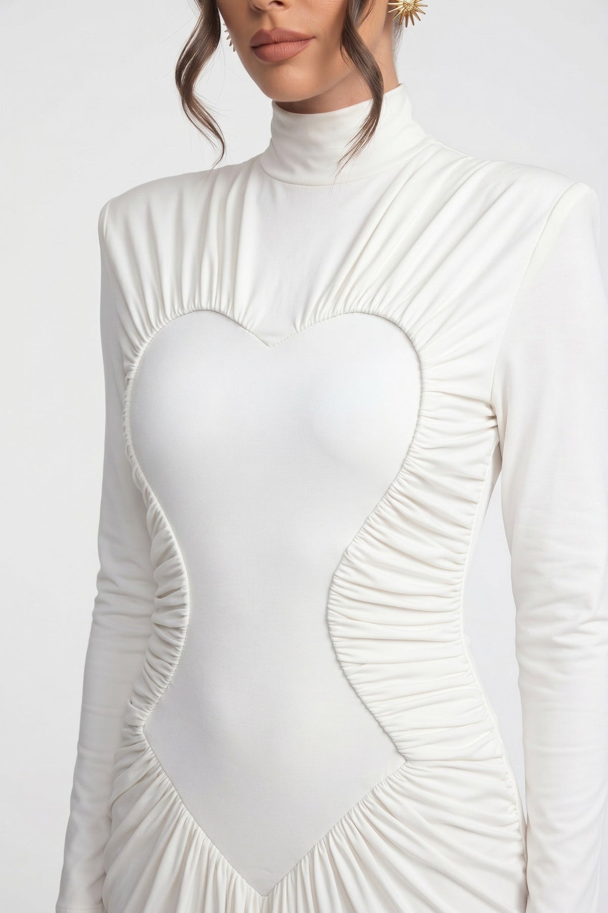 High-Neck Long-Sleeve Ruched Mermaid Gown With Diagonal Drape - White - View 4