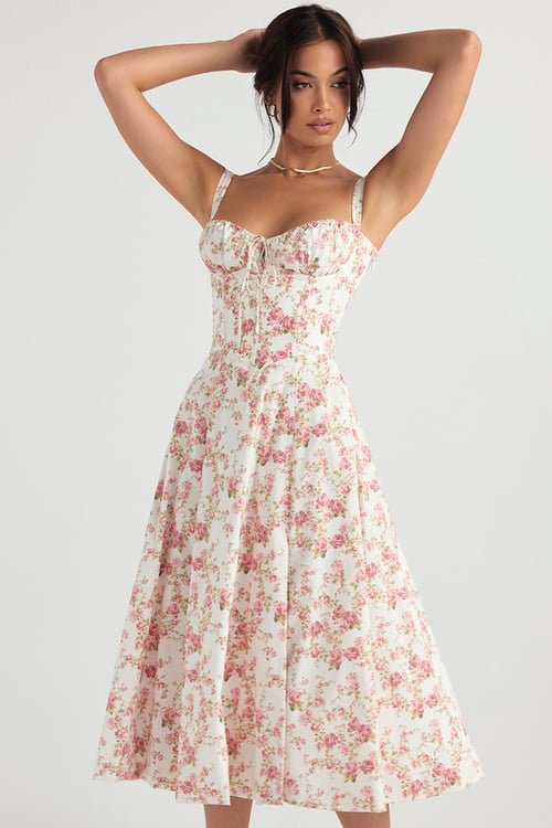Floral Print Sweetheart Bustier Spaghetti Strap High Split Midi Dress - View 7