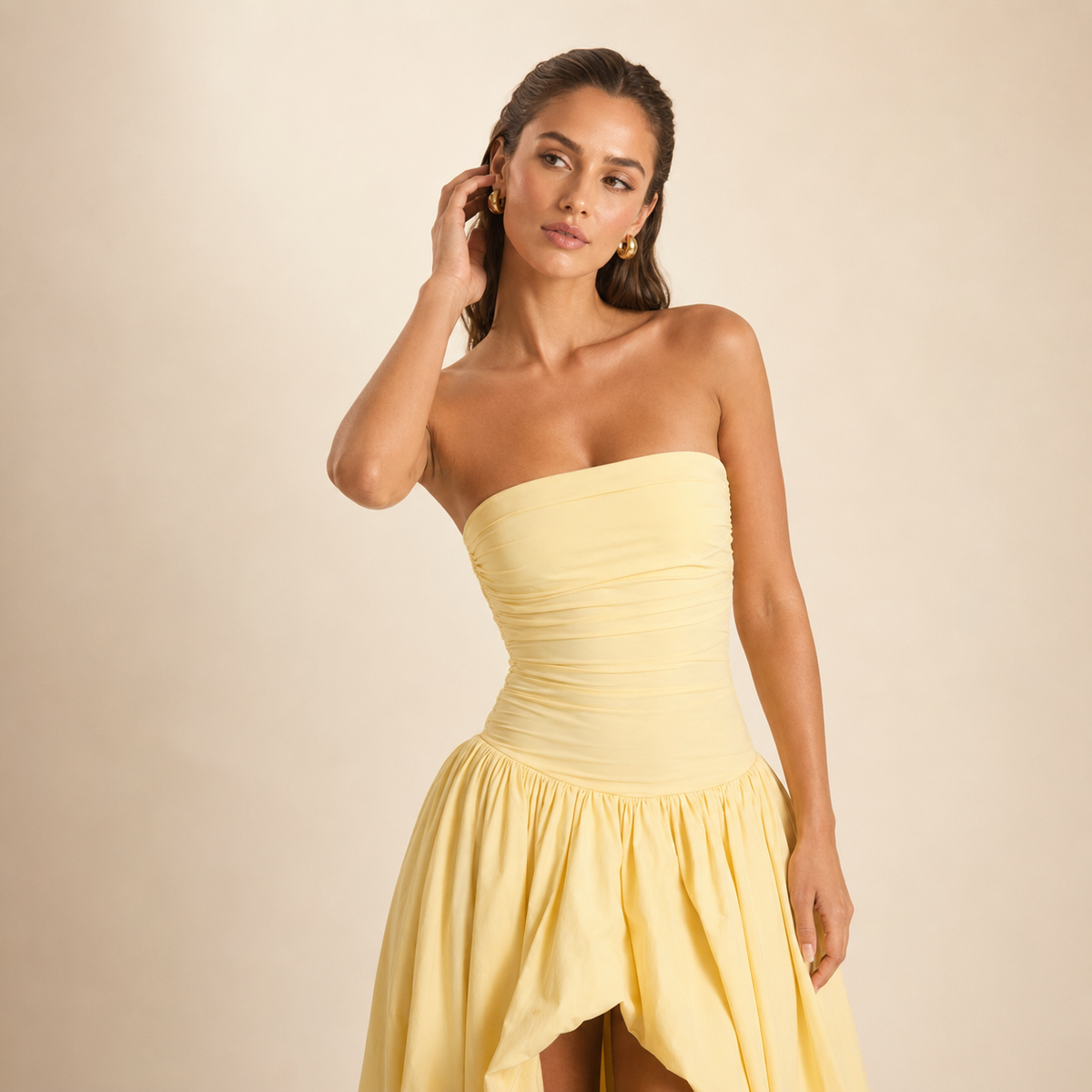 Strapless Ruched Drop Waist Bubble Hem Gown 7