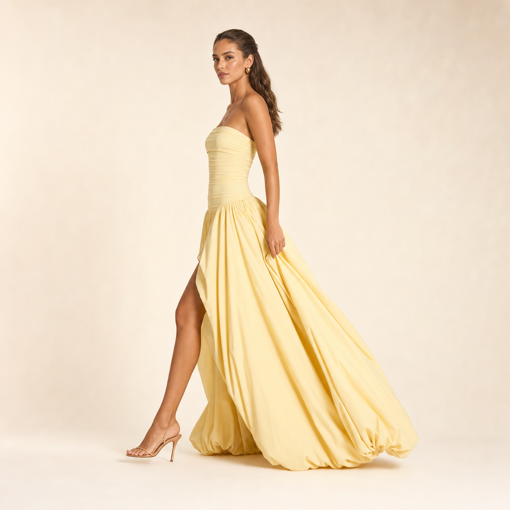 Strapless Ruched Drop Waist Bubble Hem Gown 10