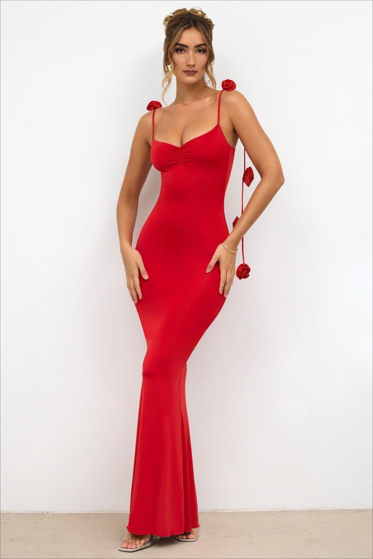 3D Floral Strappy Backless Mermaid Maxi Gown - View 3