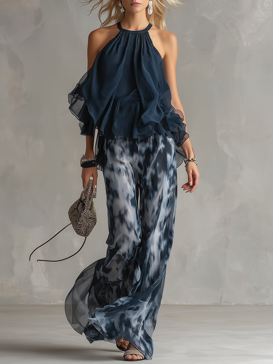 Halter Neck Cold Shoulder Ruffle Top and Printed Wide Leg Pants Two Piece Set 2