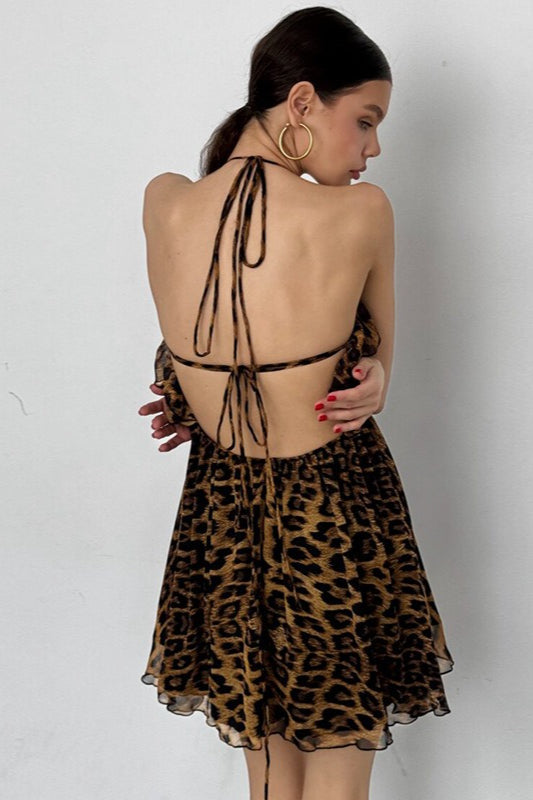 Deep V-Neck Halter Ruffle Leopard Print Backless Mini Dress 5