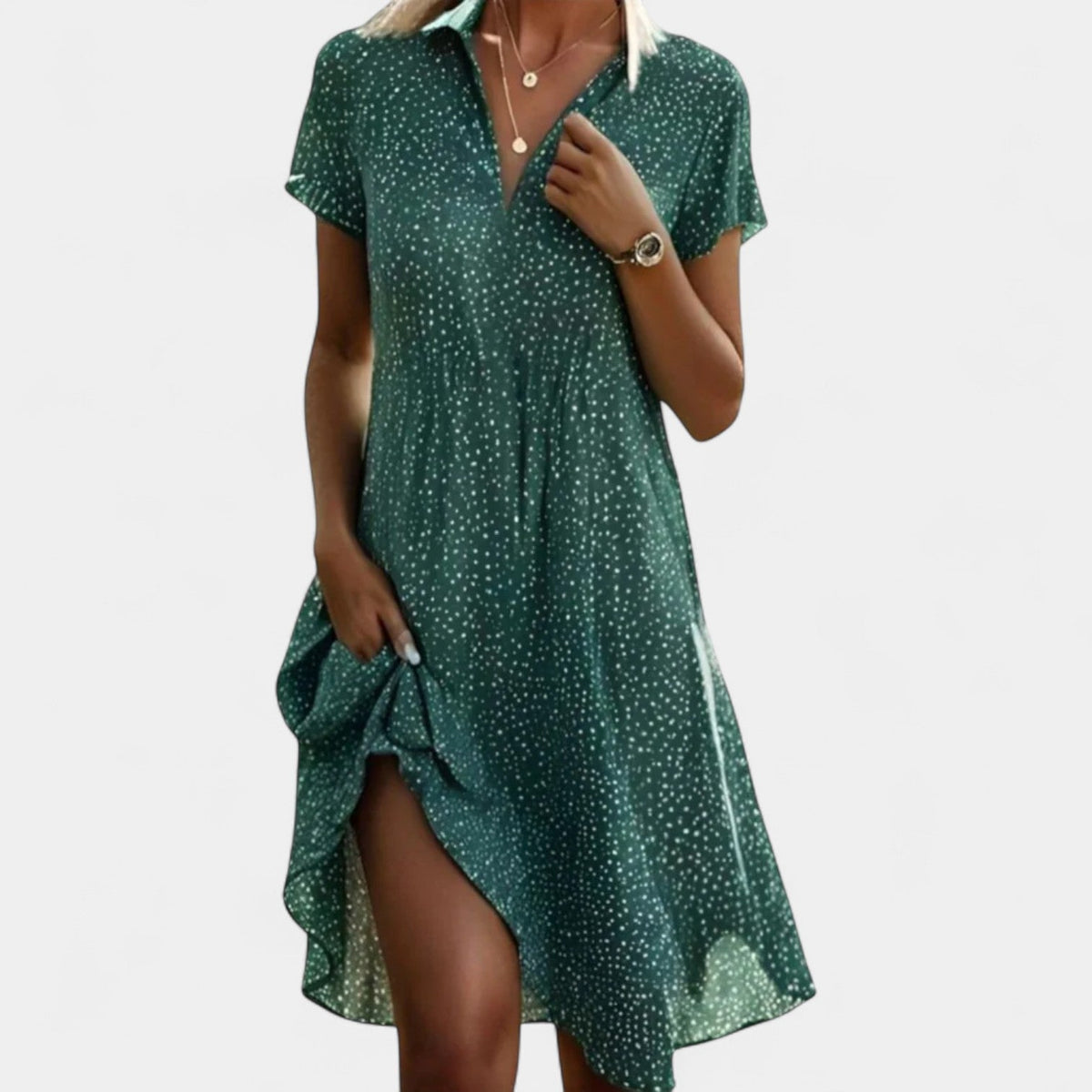 Spot Print Collared V-Neck Short Sleeve Shift Dress