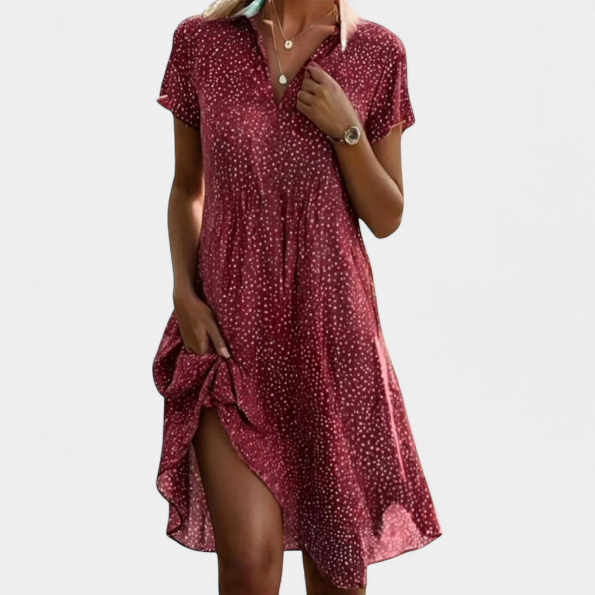 Spot Print Collared V-Neck Short Sleeve Shift Dress 3
